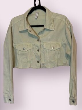 Zara Cropped Denim Jean Jacket Distressed Holes Light Green Size Medium